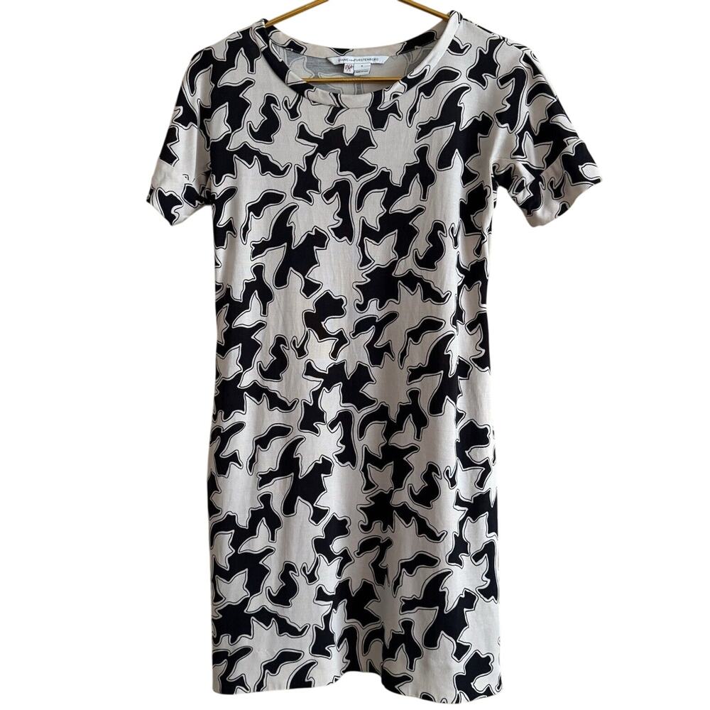 Diane Von Furstenberg DVF Cream Black Abstract Print SS Dress Silk Women's Sz 6
